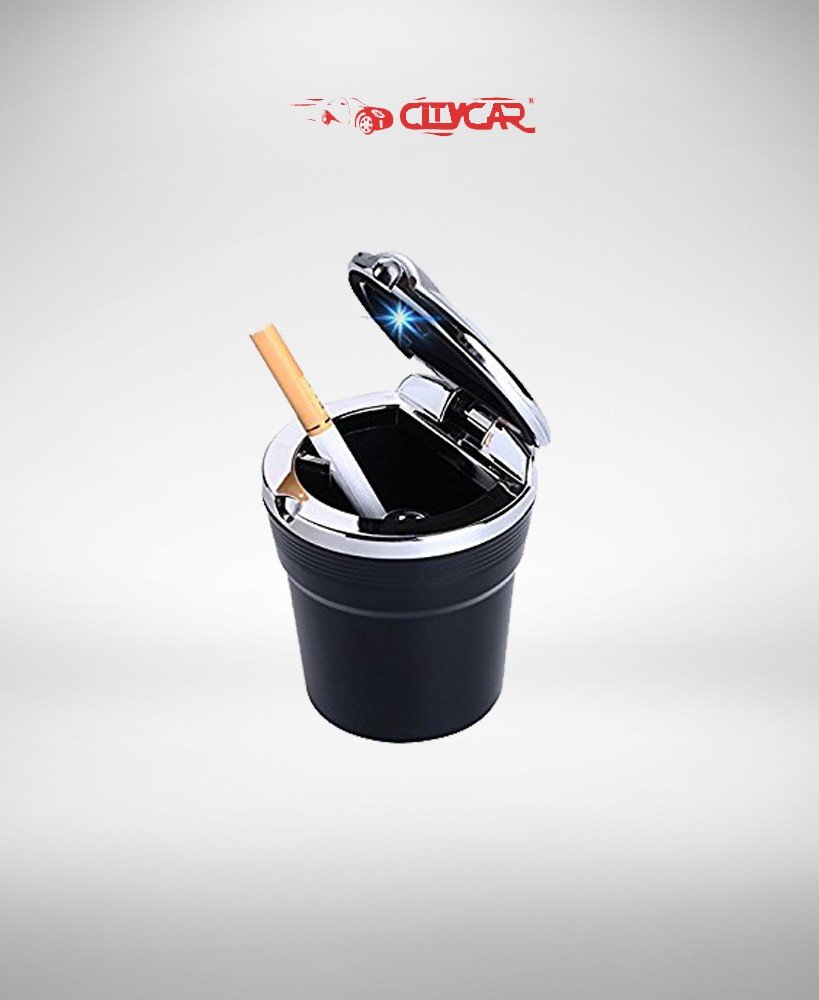 Portable Car Ashtray Black and Chrome with Blue Led